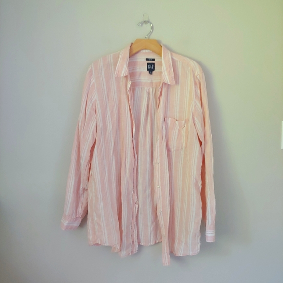 GAP Linen Boyfriend Shirt Pink Stripe Long Sleeve Tall Size Large - Picture 6 of 12